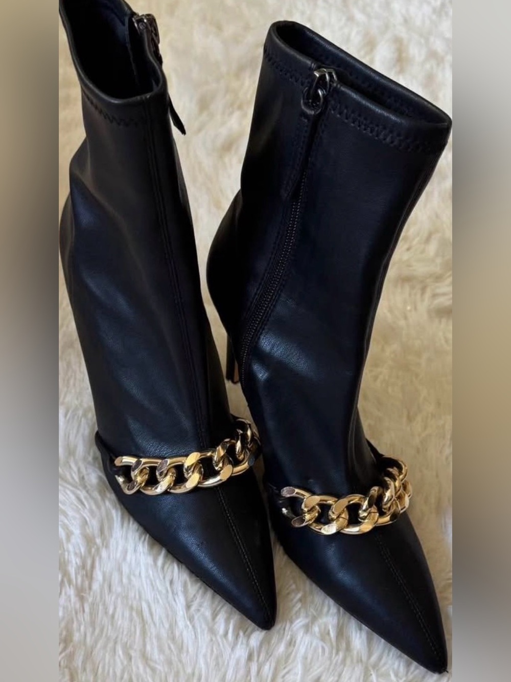 ZARA  NWOT Black Faux Leather Gold Chain Pointed Toe Boots  Size 7.5